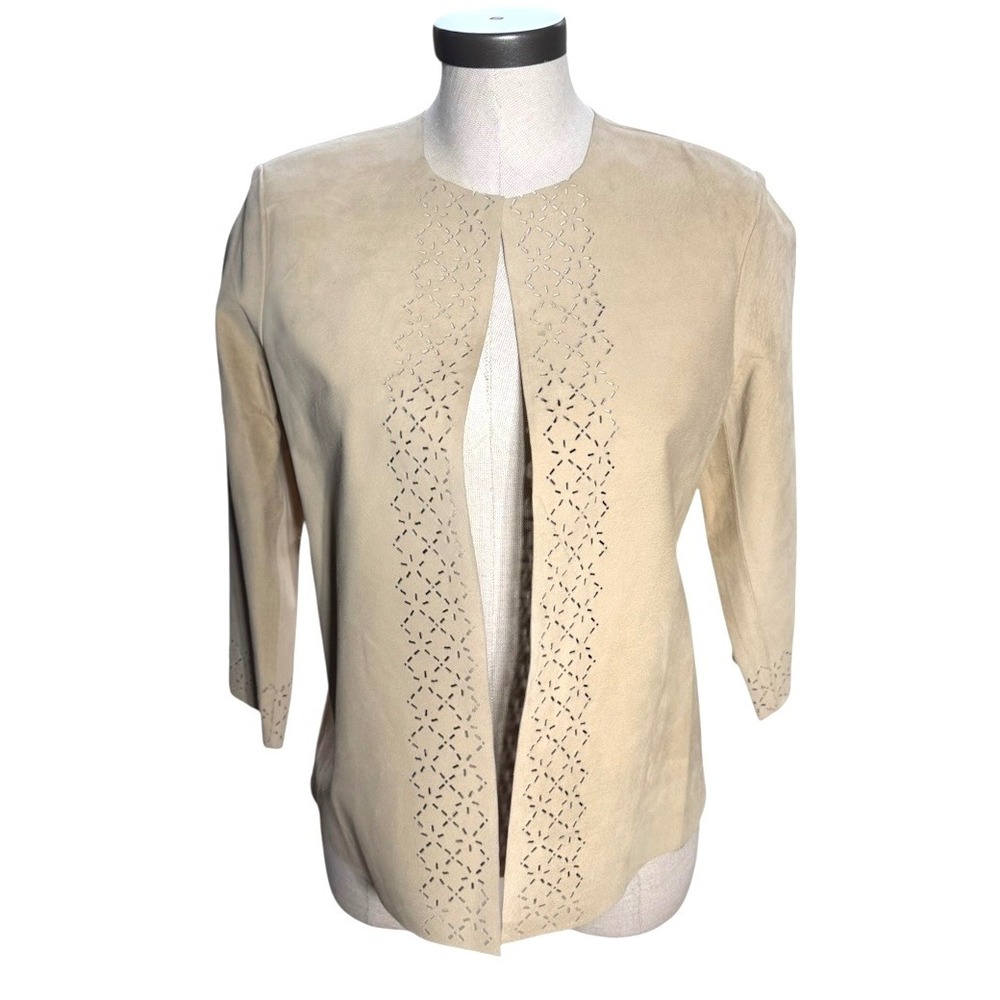 Sigrid Olsen Tan Suede Leather Open Front Perforated Jacket Medium CIMU8092
